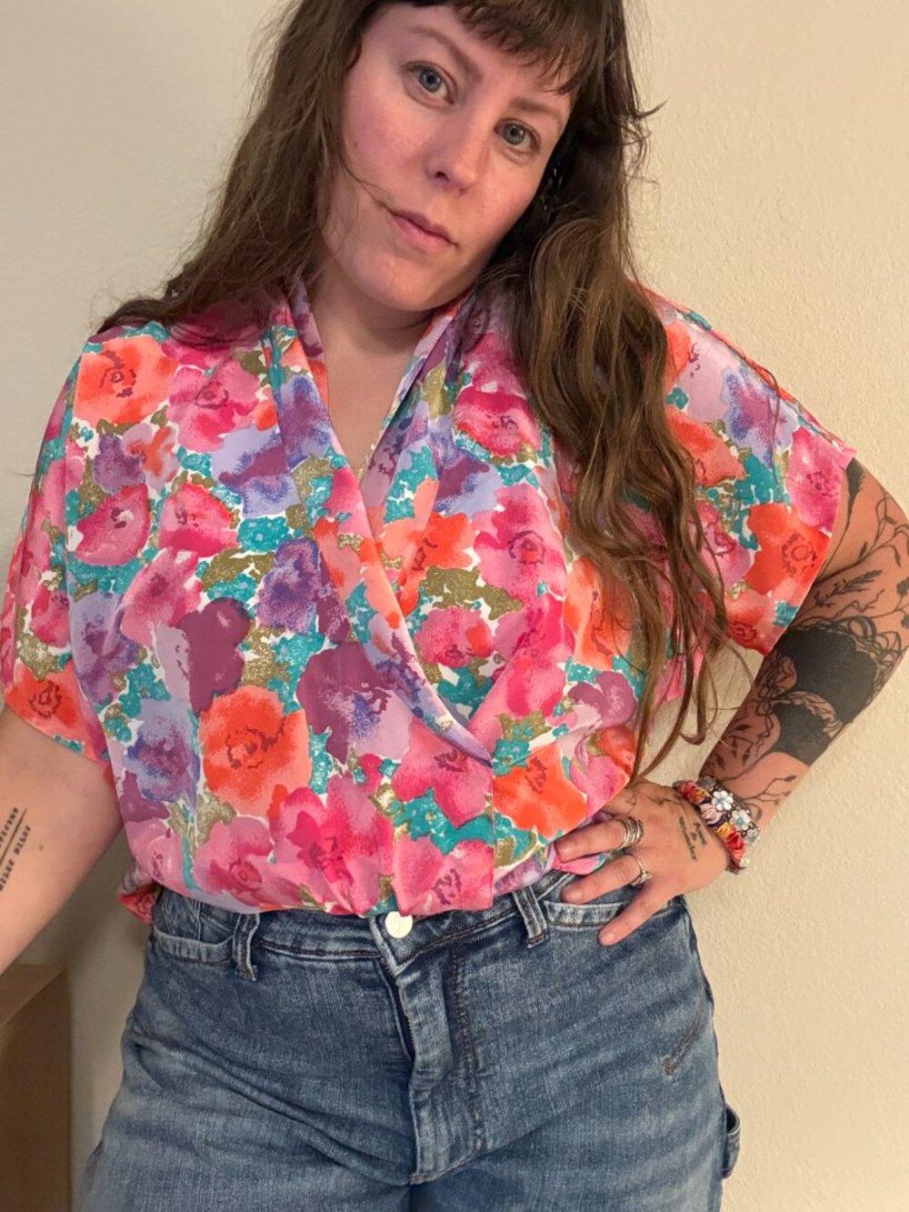 PRICE FIRM Vintage Y2K Jean De Pierre Floral Printed Short Sleeve Blouse